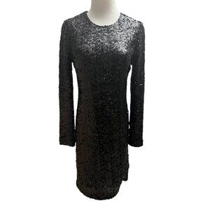 Tory Burch Womens Stretch Sequin Long Sleeve Zip Up Shift Dress Black Size Small